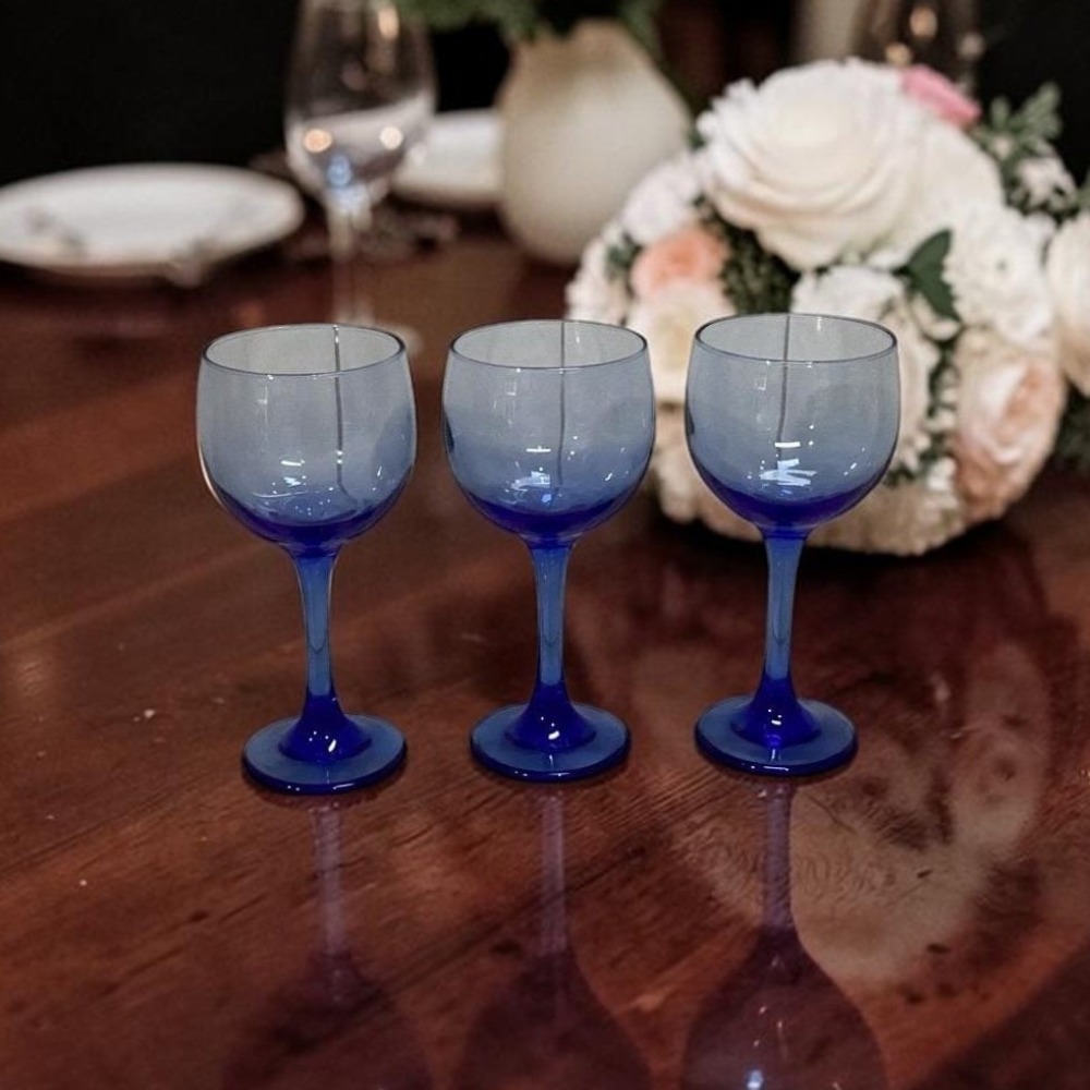 Libbey Premiere Cobalt Blue Wine Glasses, Set of 3, Vintage Stemware, Drinkware